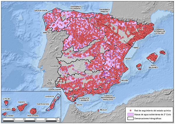 Distribución de los puntos de la red de seguimiento del estado químico de las aguas subterráneas (Haga clic para ampliar)