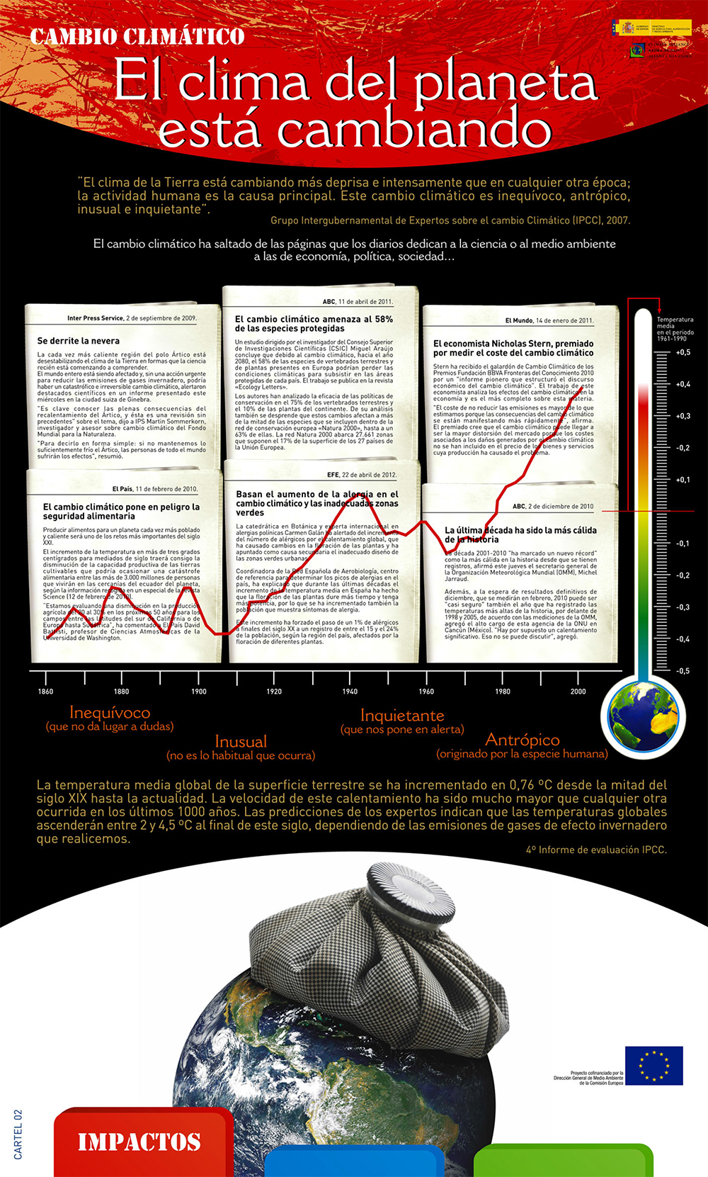 Panel 2. La temperatura media global en la superficie terrestre ha aumentado 0,74ºC en el último siglo. Los fenómenos climatológicos extremos, como lluvias torrenciales, inundaciones y olas de calor se han hecho más frecuentes. Contamos con un conjunto creciente de observaciones y datos que nos proporcionan la imagen panorámica de un calentamiento global.