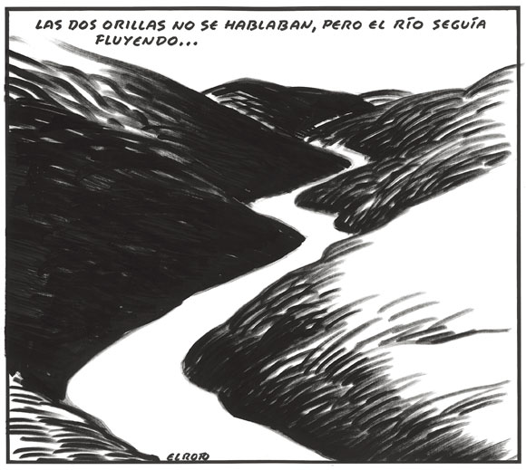 Dibujo de un río y una leyenda que dice: "las dos orillas no se hablaban, pero el río seguía fluyendo"