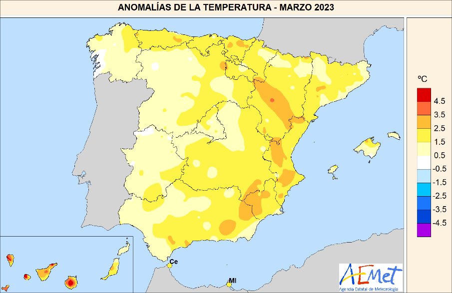 Diferencia entre las temperaturas observadas y el valor promedio normal del período 1991-2020
