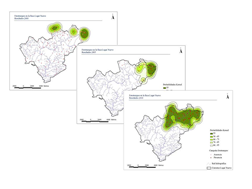 Evolución de la población en los años 2000, 2005 y 2010 en el Monte Lugar Nuevo.